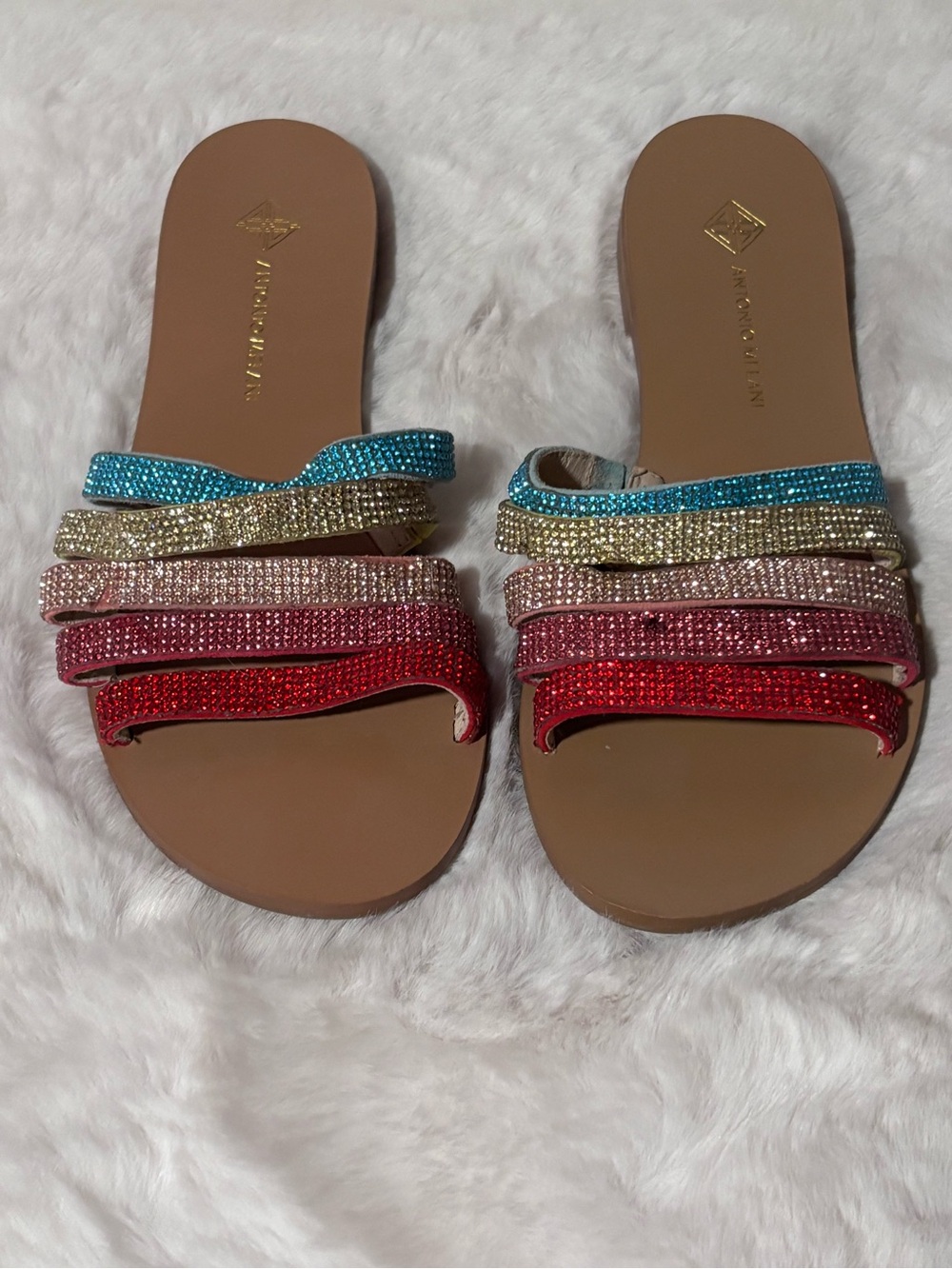 ANTONIO MELANI Multi-Row Jeweled Slide Sandals in Red, Pink, Blue & Gold